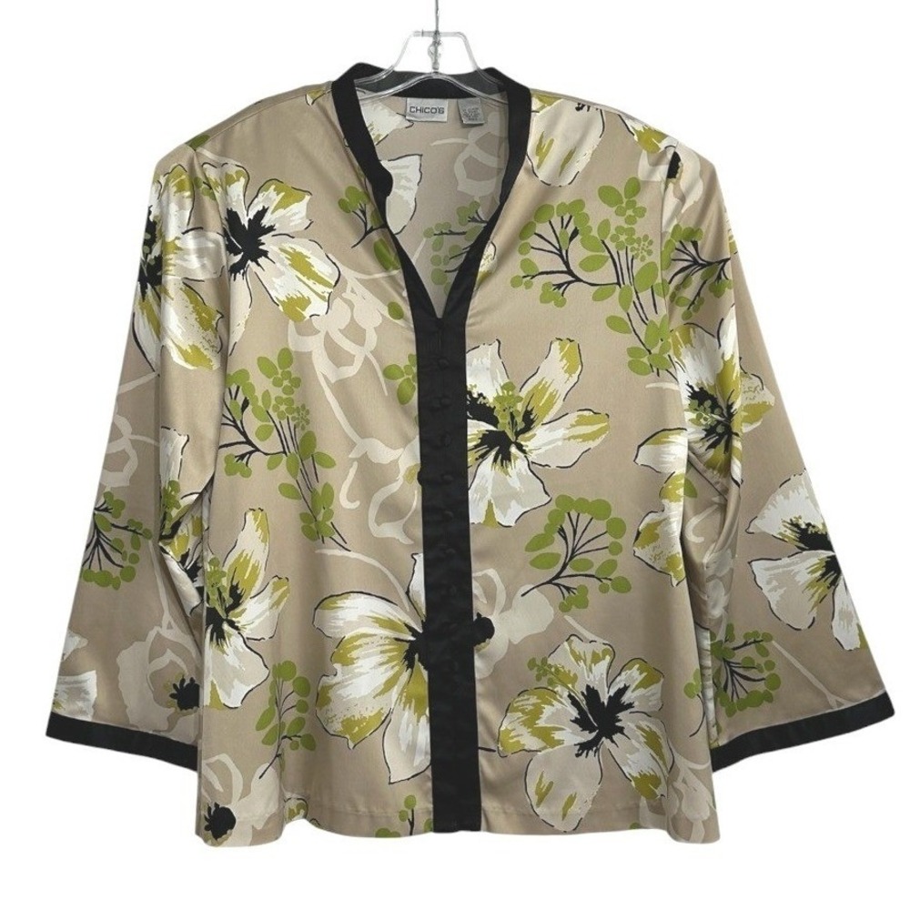 Chico's Kimono Style Blouse Womens Tan Green Floral Satin Trim Loop Button  3